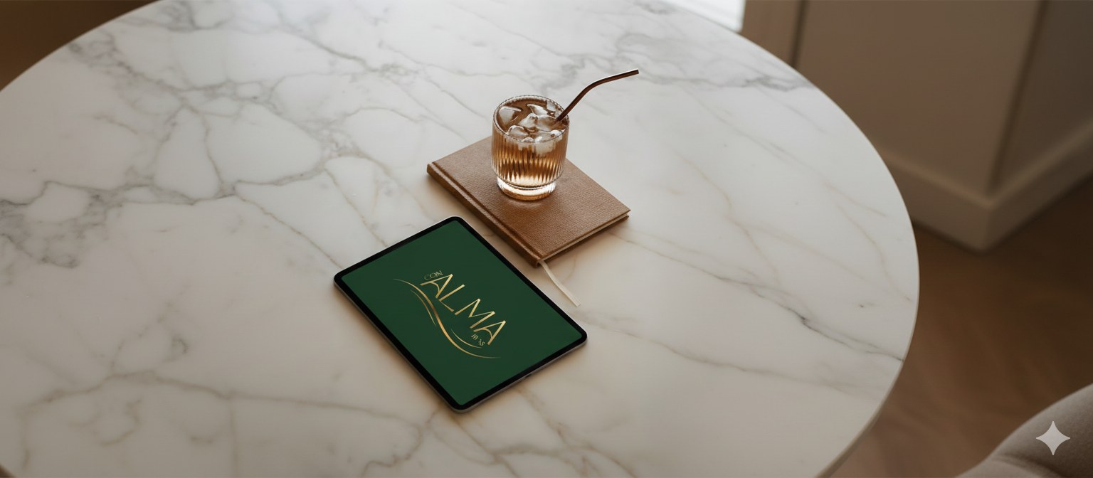 Mesa clara con tablet y logotipo Con Alma
