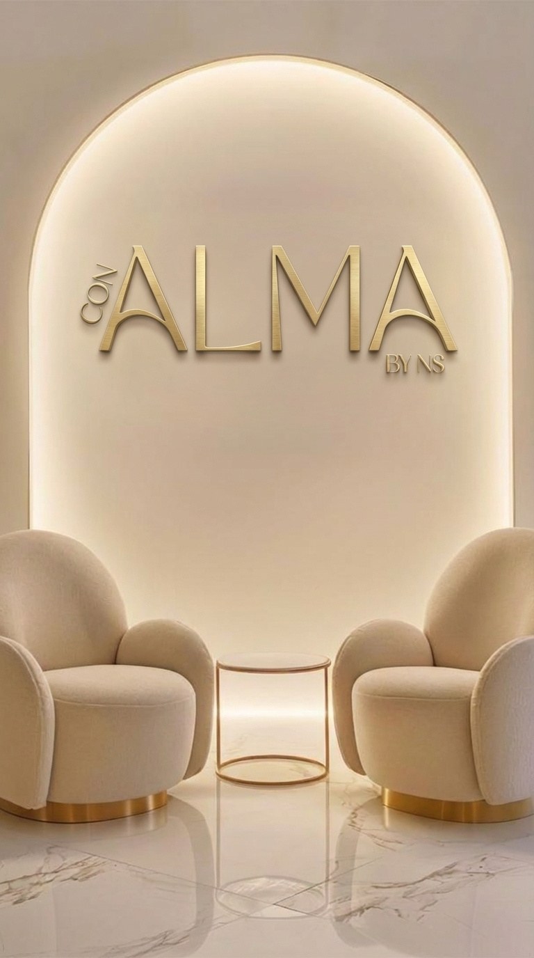 Espacio cálido de consulta con logotipo Con Alma